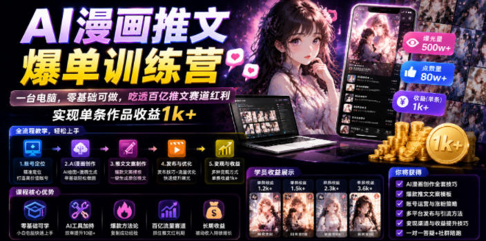 AI漫画推文爆单训练营，一台电脑，零基础可做，吃透百亿推文赛道红利，实现单条作品收益1k+-情久项目网