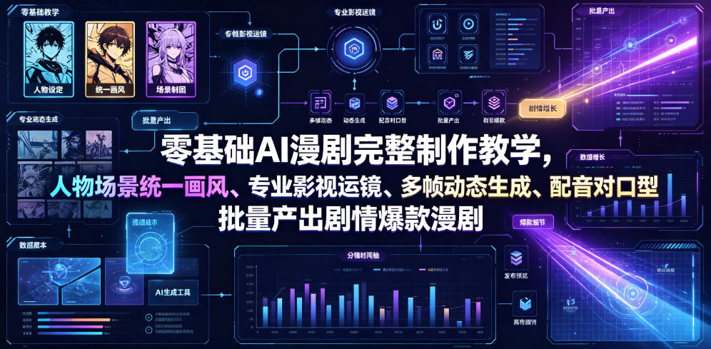 零基础AI漫剧完整制作教学，人物场景统一画风、专业影视运镜、多帧动态生成、配音对口型，批量产出剧情爆款漫剧-怪兽网创俱乐部