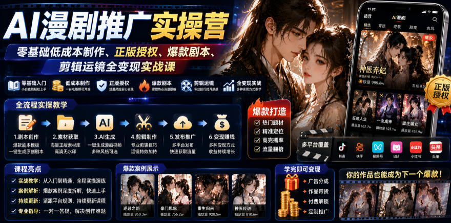 AI漫剧推广实操营｜零基础低成本制作、正版授权、爆款剧本、剪辑运镜全变现实战课-怪兽网创俱乐部