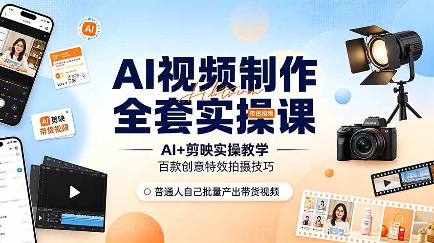 （19200期）AI视频制作全套实操课，多款AI工具搭配剪映教学，百种特效运镜拍摄实操，抖音账号带货运营全覆盖-情久项目网