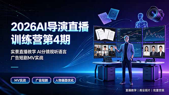 2026AI导演直播训练营第4期，实景直播教学AI分镜视听语言，广告短剧MV实战，解决人物画面崩坏痛点-怪兽网创俱乐部