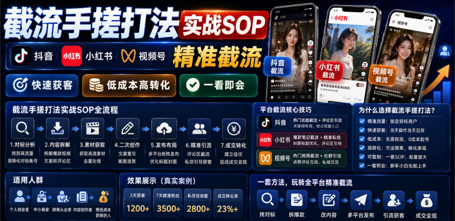 截流手搓打法实战SOP，抖音小红书视频号精准截流，快速获客，低成本高转化，一看即会-情久项目网
