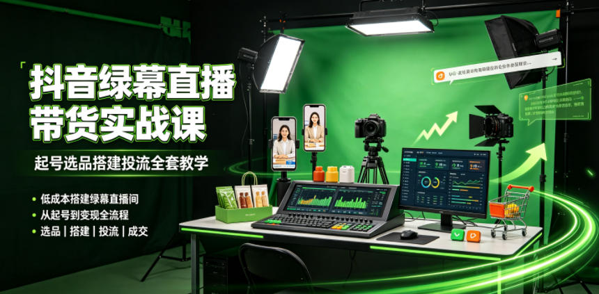 某社群抖音绿幕直播带货实战课，起号选品搭建投流全套教学，低成本搭建绿幕直播间-情久项目网