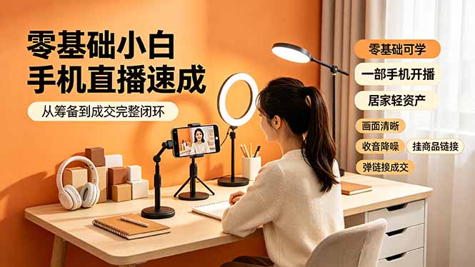 零基础小白手机直播速成，从筹备到成交完整闭环，适配苹果安卓系统，解决杂音卡顿留人难问题-小白项目网