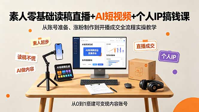 素人零基础读稿直播+AI短视频+个人IP搞钱课，从账号准备、涨粉制作到开播成交全流程实操教学-怪兽网创俱乐部