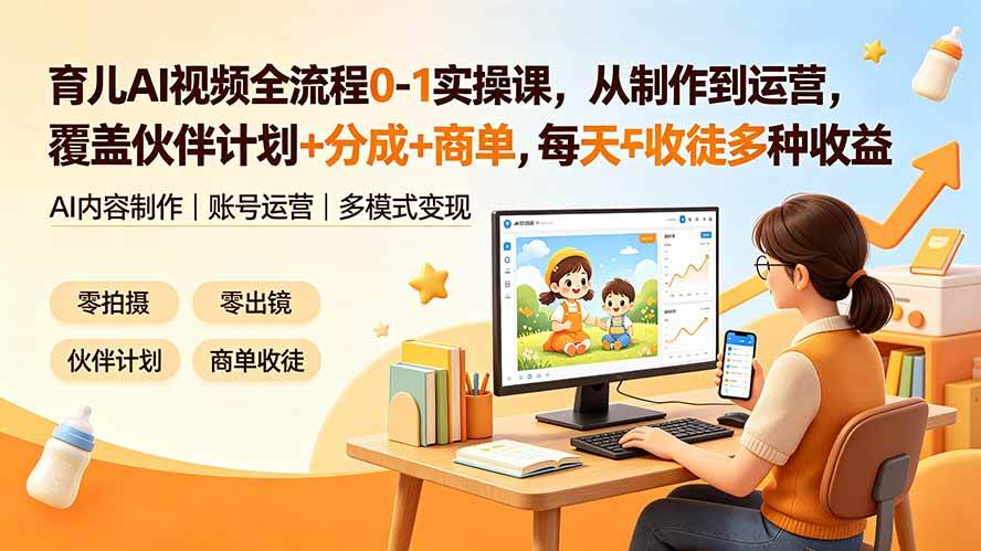 （19236期）育儿AI视频全流程0-1实操课，从制作到运营，覆盖伙伴计划+分成+商单+收徒多种收益，每天500+收益-情久项目网