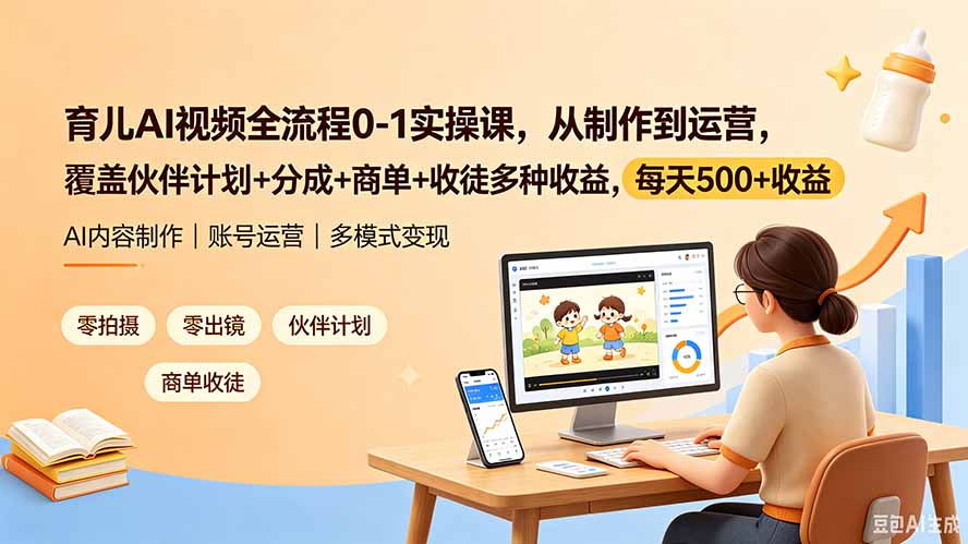 育儿AI视频全流程0-1实操课，从制作到运营，覆盖伙伴计划+分成+商单+收徒多种收益，每天500+收益-怪兽网创俱乐部