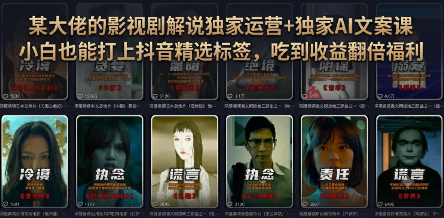 某大佬的影视剧解说独家运营+独家AI文案课，小白0粉丝也能快速打上抖音精选标签、吃到收益翻倍福利-情久项目网