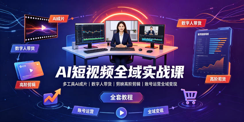 AI短视频全域实战课|多工具AI成片、数字人带货、剪映高阶剪辑、账号运营全域变现全套教程-小白项目网