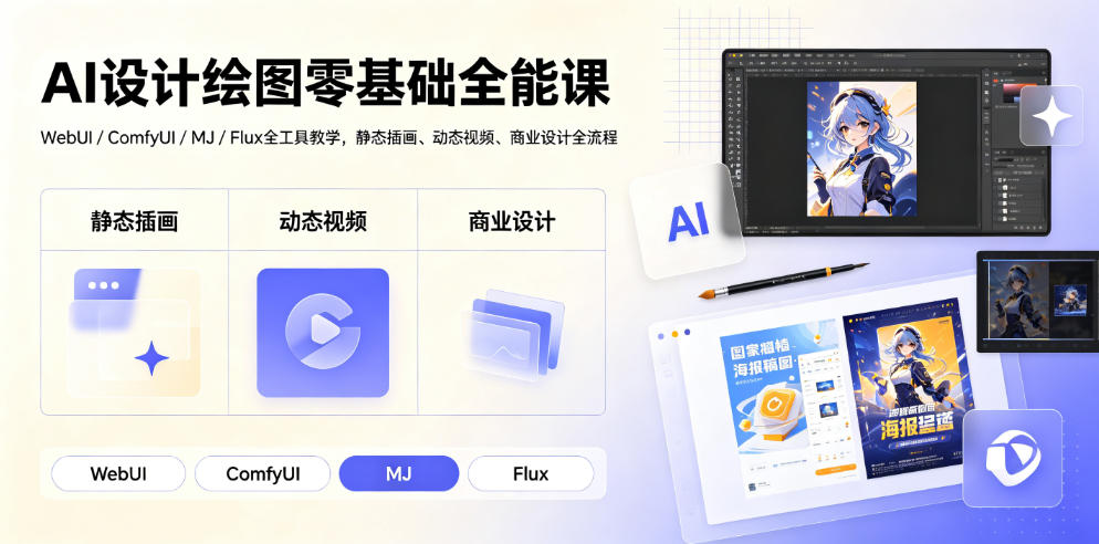 AI设计绘图零基础全能课|WebUI/ComfyUI/MJ/Flux全工具教学,静态插画、动态视频、商业设计全流程-小白项目网