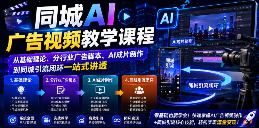 同城AI广告视频教学课程，从基础理论、分行业广告脚本、AI成片制作到同城引流闭环一站式讲透-怪兽网创俱乐部