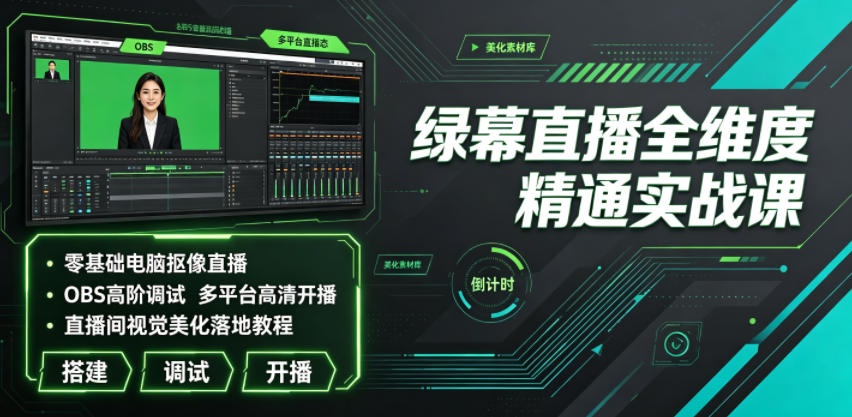 绿幕直播全维度精通实战课｜零基础电脑抠像直播、OBS高阶调试、多平台高清开播、直播间视觉美化落地教程-怪兽网创俱乐部