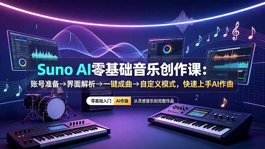 Suno AI零基础音乐创作课：账号准备→界面解析→一键成曲→自定义模式，快速上手AI作曲-怪兽网创俱乐部