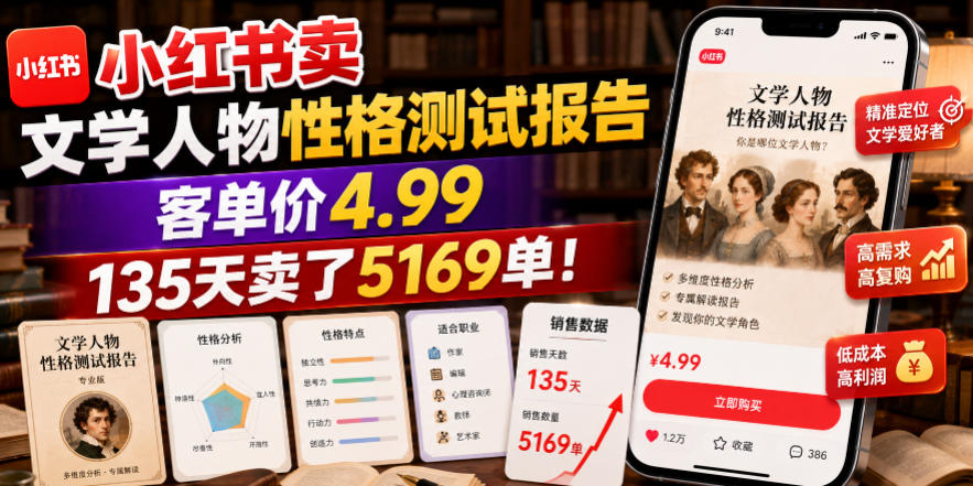 小红书卖文学人物性格测试报告，客单价4.99，135天卖了5169单！-怪兽网创俱乐部