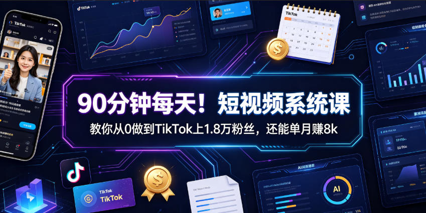 90分钟每天！短视频系统课教你从0做到TikTok上1.8万粉丝，还能单月賺8k【原创双语字幕】-怪兽网创俱乐部