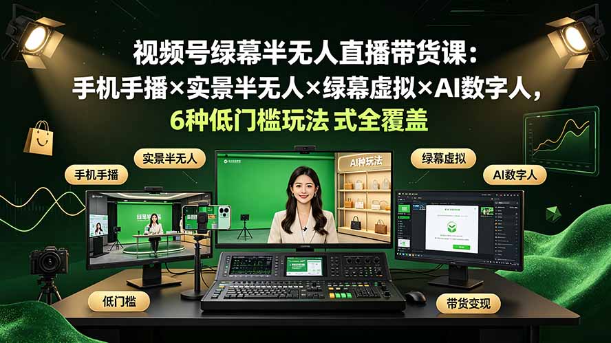 视频号绿幕半无人直播带货课：手机手播×实景半无人×绿幕虚拟×AI数字人，6种低门槛玩法全覆盖-怪兽网创俱乐部