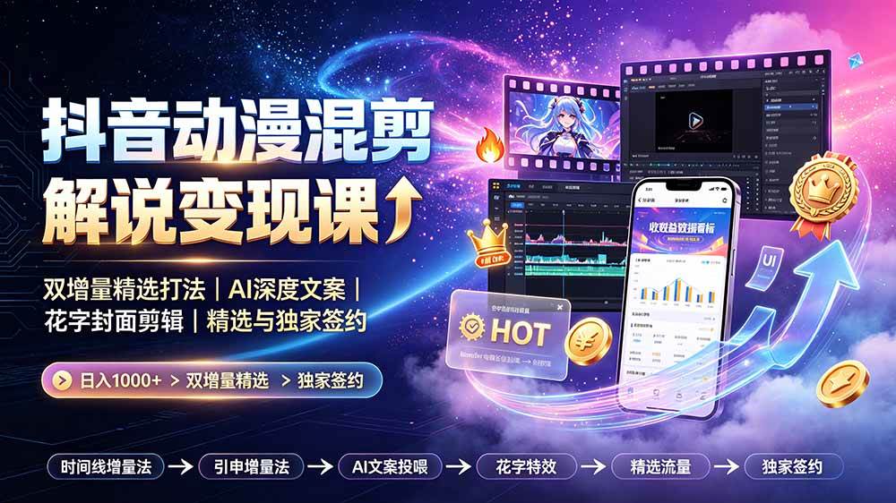 (19311期)抖音动漫混剪解说变现课:双增量精选打法|AI深度文案|花字封面剪辑| 精选与独家签约日入1000+-优优云网创
