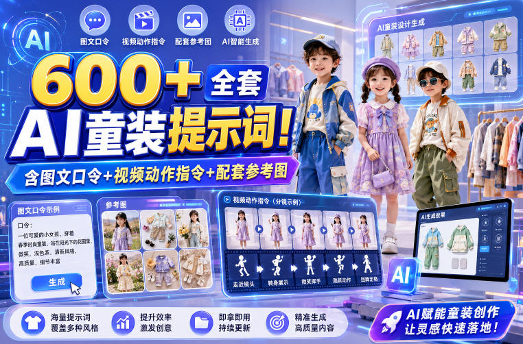 600+全套AI童装提示词！含图文口令+视频动作指令+配套参考图，Word-Excel规整分类，童装电商、种草无脑量产内容！-怪兽网创俱乐部