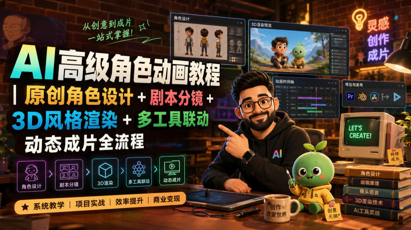 AI高级角色动画教程｜原创角色设计+剧本分镜+3D风格渲染+多工具联动动态成片全流程【中英字幕】-优优云网创
