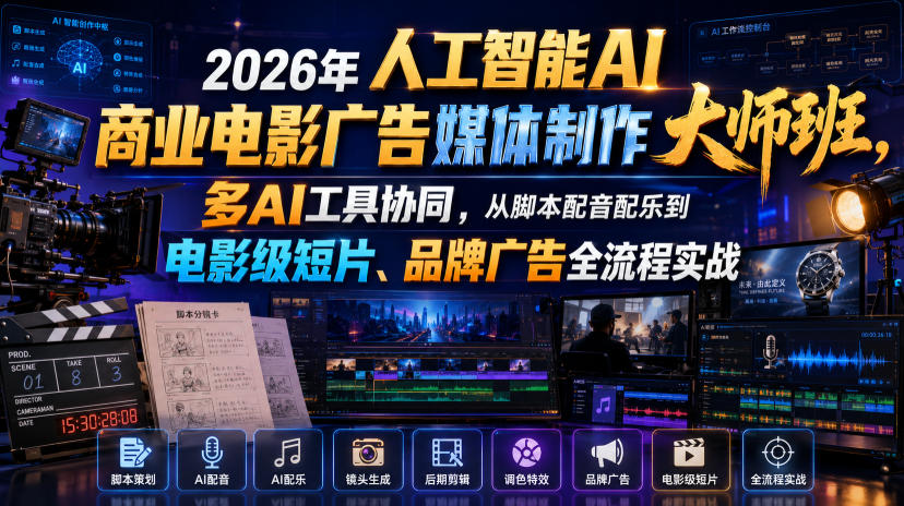 2026年人工智能AI商业电影广告媒体制作大师班，多AI工具协同，从脚本配音配乐到电影级短片、品牌广告全流程实战(中英字幕)-怪兽网创俱乐部
