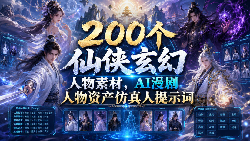 200个仙侠玄幻人物素材，AI漫剧人物资产仿真人提示词-怪兽网创俱乐部