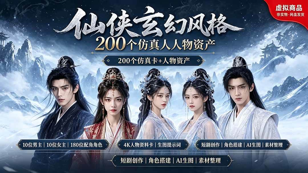 （19301期）200个仙侠玄幻仿真人素材◆10男主×10女主×180配角，4K资料卡+AI生图提示词，漫剧必备-小栈博客测试网