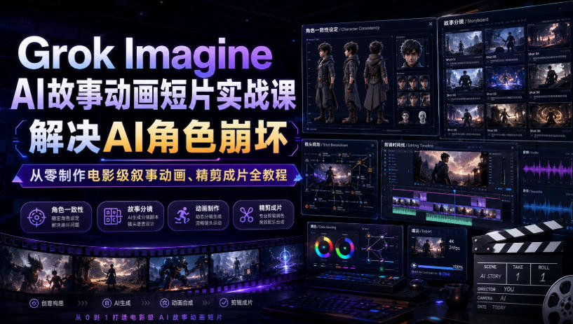 Grok Imagine AI故事动画短片实战课｜解决AI角色崩坏，从零制作电影级叙事动画、精剪成片全教程(中英字幕)-怪兽网创俱乐部