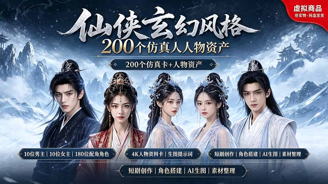 200个仙侠玄幻仿真人素材◆10男主×10女主×180配角，4K资料卡+AI生图提示词，漫剧必备-怪兽网创俱乐部