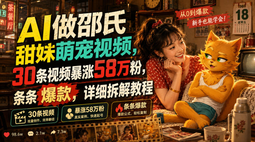 AI做邵氏甜妹萌宠视频，30条视频暴涨58万粉，条条爆款，详细拆解教程-怪兽网创俱乐部