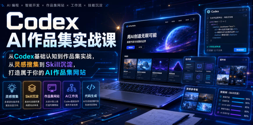 Codex AI作品集实战课，从Codex基础认知到作品集实战，从灵感搜集到Skill沉淀，打造属于你的AI作品集网站-怪兽网创俱乐部