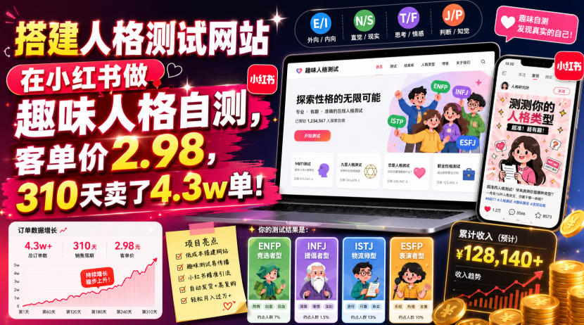 搭建人格测试网站在小红书做趣味人格自测，客单价2.98，310天卖了4.3w单！-羽桐社资源站