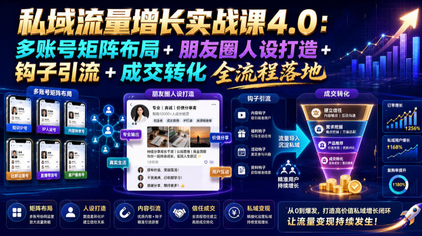私域流量增长实战课4.0：多账号矩阵布局+朋友圈人设打造+钩子引流+成交转化全流程落地-怪兽网创俱乐部