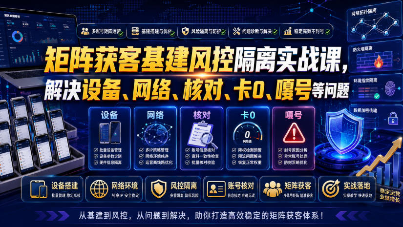 矩阵获客基建风控隔离实战课，解决设备、网络、核对、卡0、嘎号等问题-羽桐社资源站