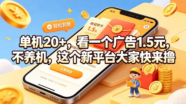 单机20+，看一个广告1.5米，不养机，这个新平台大家快来撸【揭秘】-情久项目网