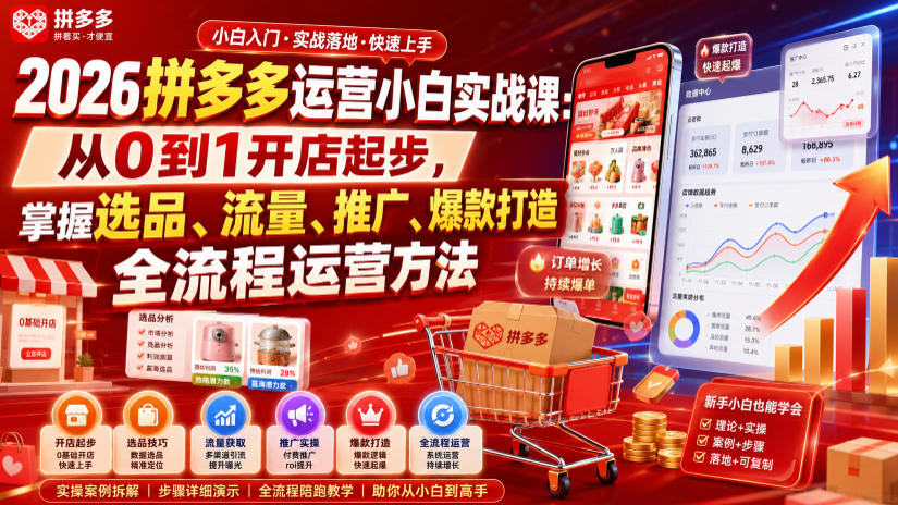 2026拼多多运营小白实战课：从0到1开店起步，掌握选品、流量、推广、爆款打造全流程运营方法-邪修侠