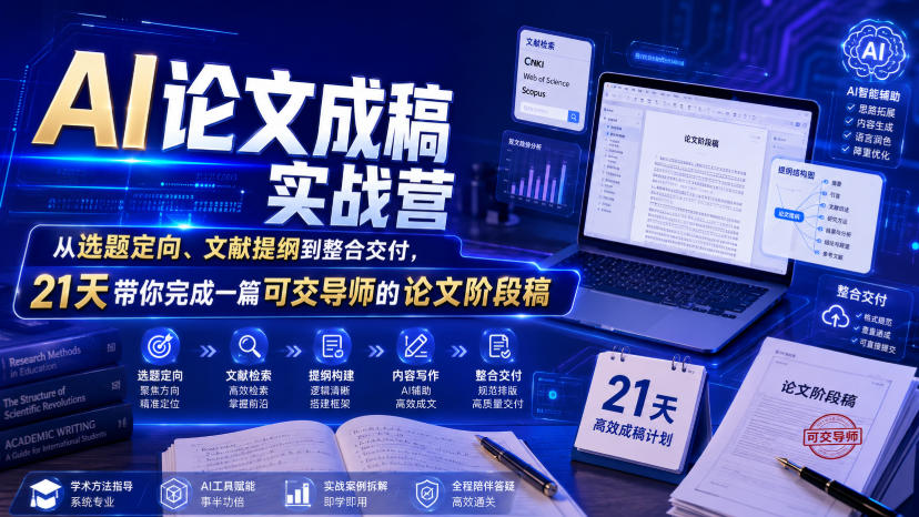 AI论文成稿实战营，从选题定向、文献提纲到整合交付，21天带你完成一篇可交导师的论文阶段稿-小白项目网
