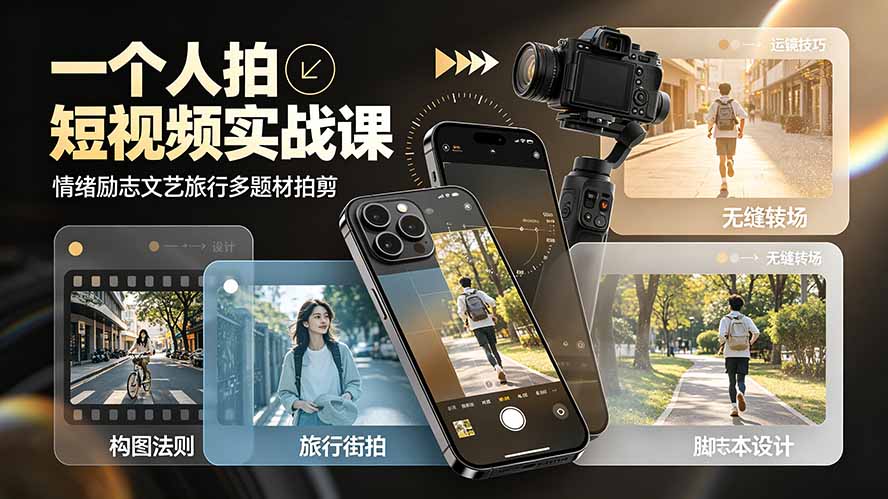 一个人拍短视频实战课:情绪励志文艺旅行多题材×五大景别×黄金构图×八大运镜,从拍摄到成片高效创作-小白项目网
