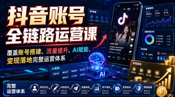 抖音账号全链路运营课，覆盖账号搭建、流量提升、AI赋能、变现落地完整运营体系-小白项目网