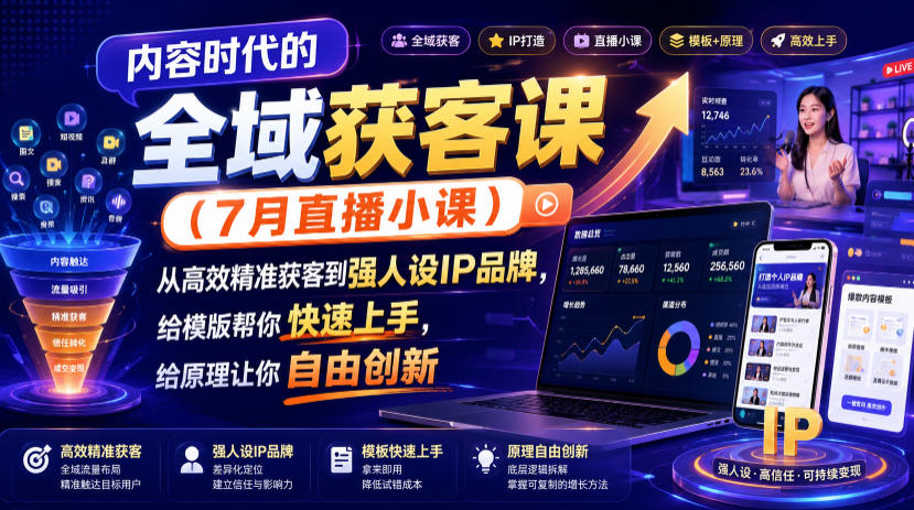 内容时代的全域获客课(7月直播小课)，从高效精准获客到强人设IP品牌，给模版帮你快速上手，给原理让你自由创新 - 网创在线