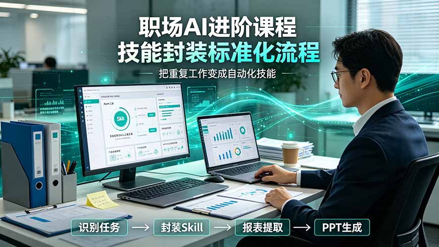 职场AI进阶课程;多类实用Skill工具实操,专属技能封装标准化流程,报表行业报告一键提取核心内容-小白项目网