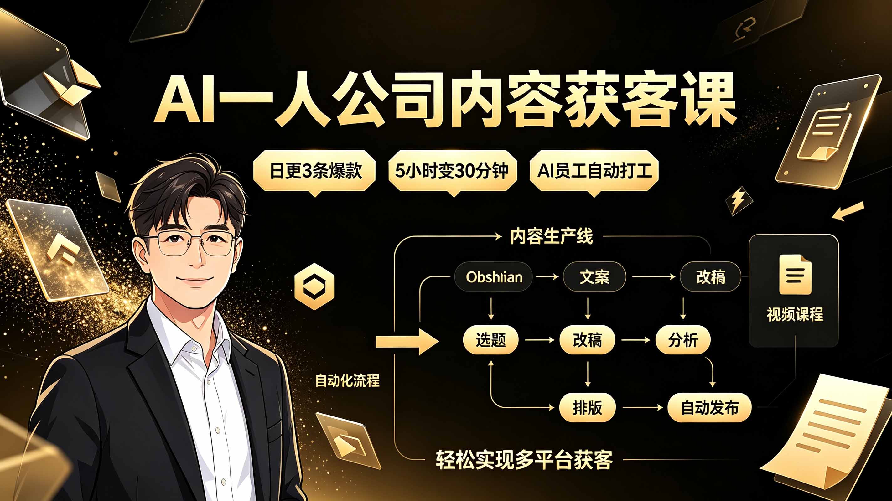 AI一人公司内容获客课：日更3条爆款×5小时变30分钟×AI员工自动打工，轻松实现多平台获客-怪兽网创俱乐部