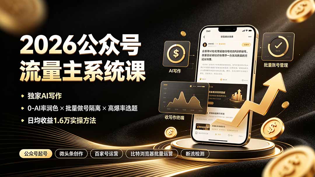 2026公众号流量主系统课：独家AI写作×0-AI率润色×批量做号隔离×高爆率选题，日均收益1.6万实操方法-怪兽网创俱乐部