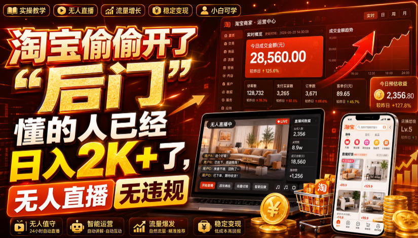 淘宝偷偷开了“后门”，懂的人已经日入2K+了，无人直播无违规，一台电脑=一家24小时营业的线上门店【揭秘】-鹊桥梦网创