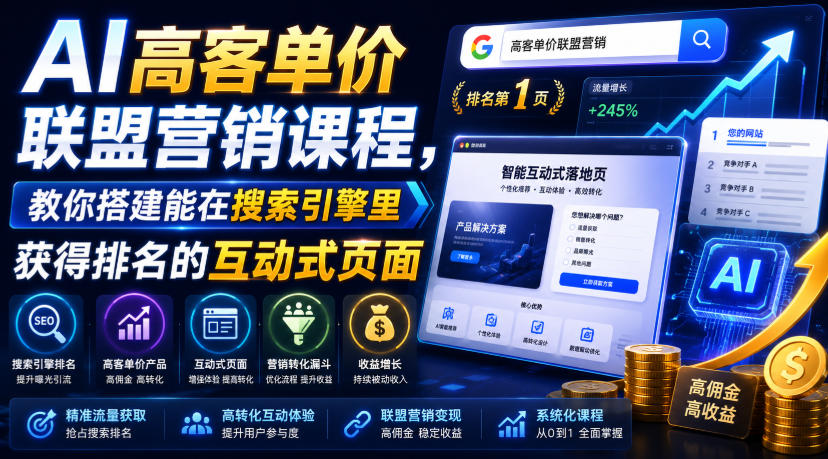 AI高客单价联盟营销课程，教你搭建能在搜索引擎里获得排名的互动式页面，引来流量，把访客转化为高佣金的成交【原创双语字幕】-小白项目网