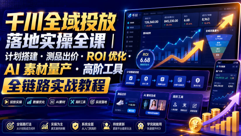 千川全域投放落地实操全课｜计划搭建・测品出价・ROI优化・AI素材量产・高阶工具全链路实战教程-怪兽网创俱乐部