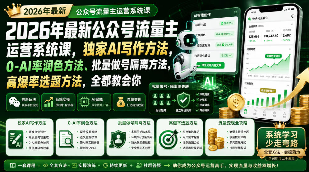 2026年最新公众号流量主运营系统课，独家AI写作方法，0-AI率润色方法、批量做号隔离方法、高爆率选题方法，全都教会你-课程网