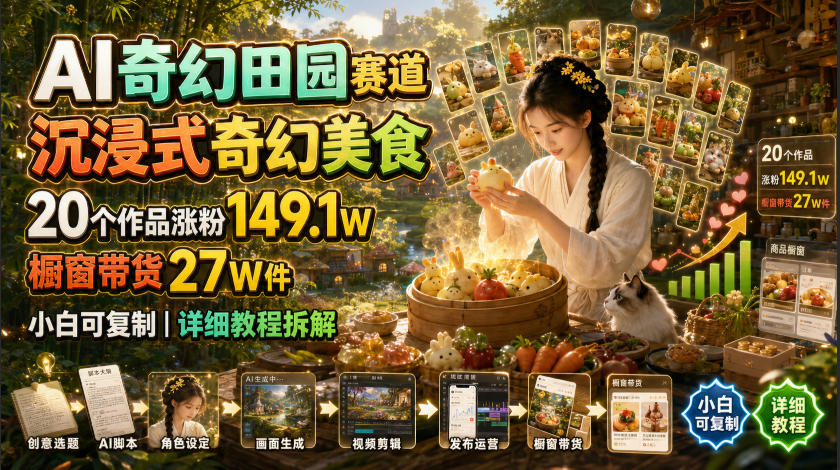 AI奇幻田园赛道，沉浸式奇幻美食，20个作品涨粉149.1W，橱窗带货27W件，小白可复制，详细教程拆解-怪兽网创俱乐部