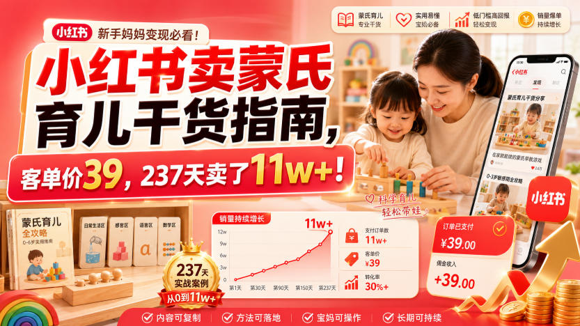 小红书卖蒙氏育儿干货指南，客单价39，237天卖了11w+！-怪兽网创俱乐部