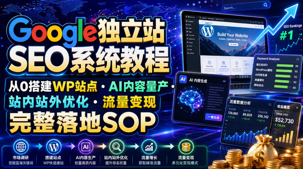 Google独立站SEO系统教程,从0搭建WP站点・AI内容量产・站内站外优化・流量变现完整落地SOP(2026年7月)-多课资源站