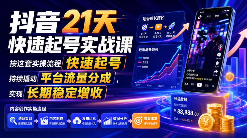 抖音21天快速起号实战课，按这套实操流程快速起号，持续撬动平台流量分成，实现长期稳定增收-小白项目网
